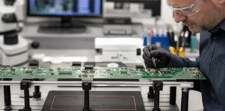 Defect confirmation and fixture setup begin a controlled large PCB rework route.