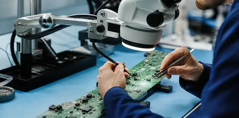 Pad inspection and optical placement restore the component during large PCB rework.