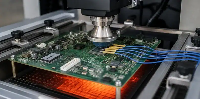 Measured bottom and local heat protect the board during large PCB rework.