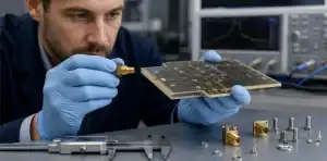 An engineer checks RF edge launch PCB thickness and connector seating on a hybrid board
