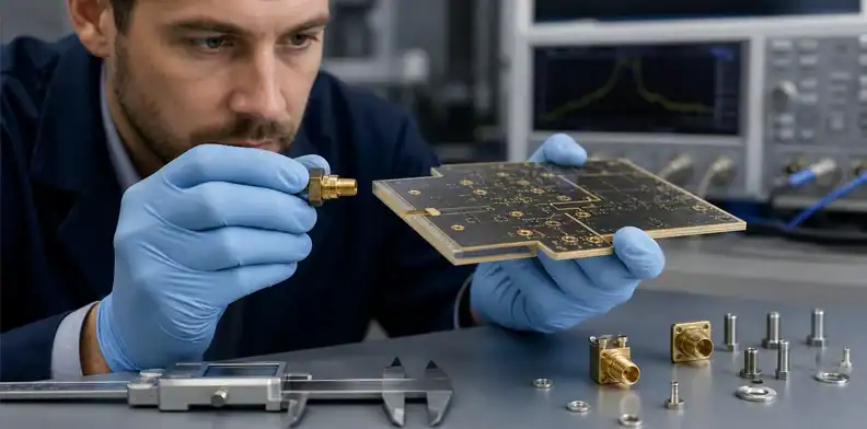 An engineer checks RF edge launch PCB thickness and connector seating on a hybrid board