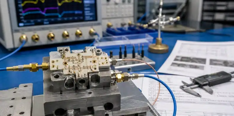Illustration of a ceramic RF module connected to a test fixture