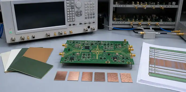 An RF test bench shows ai pcb specialty review for launch geometry, laminate choice, and copper roughness.