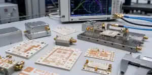 An RF engineering bench reviews a ceramic pcb for rf microwave modules beside connectors and test fixtures.