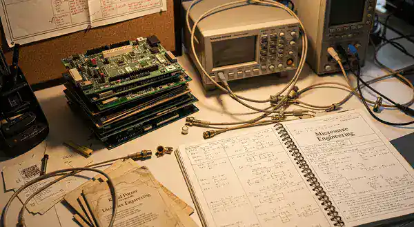 RF PCB engineering workbench with Smith charts and high-frequency prototype boards
