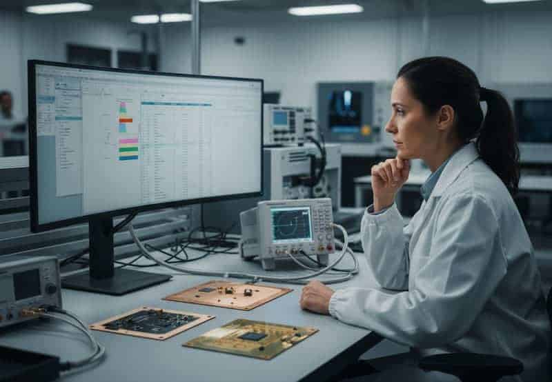 RF engineer reviewing high-frequency PCB layout for microwave circuit design