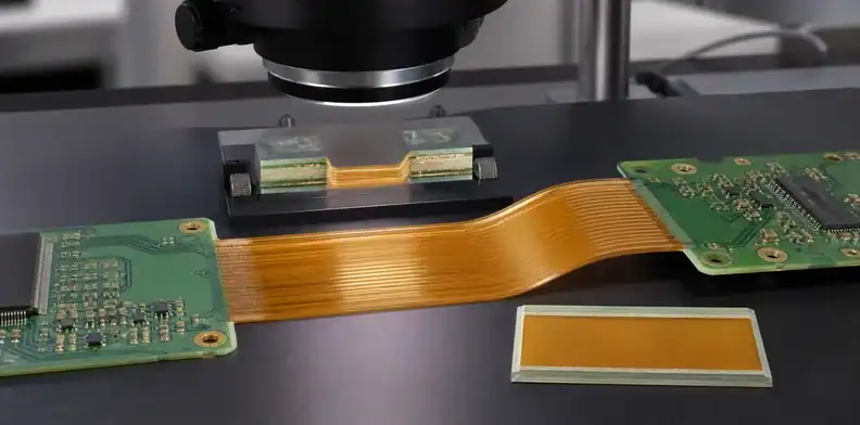 A microscope inspects rigid-flex no-flow prepreg at the transition between rigid islands and flex layers.