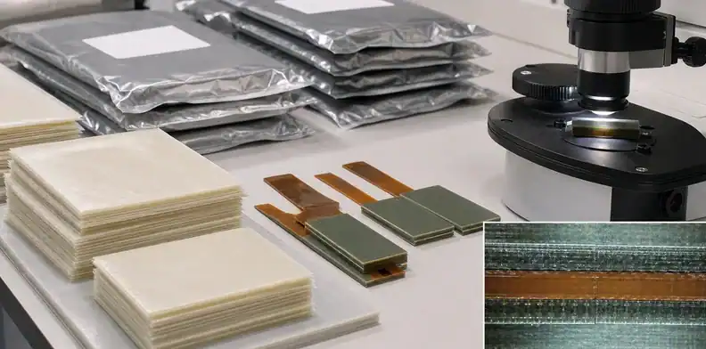 Sealed material, layup coupons, and a bond-line section identify rigid-flex no-flow prepreg behavior.