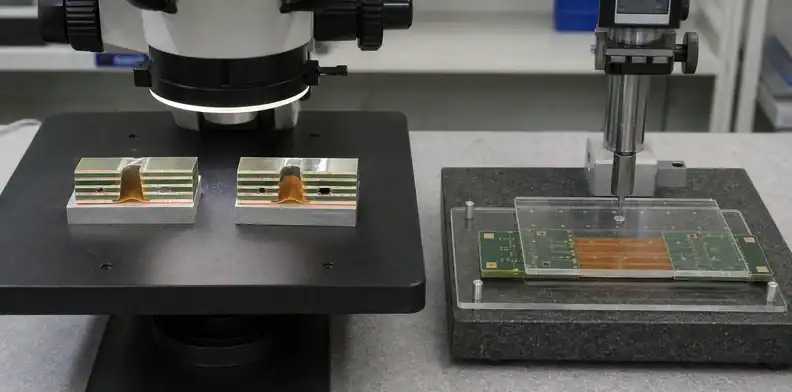 Cross-sections and metrology check rigid-flex no-flow prepreg voids, thickness, and registration.