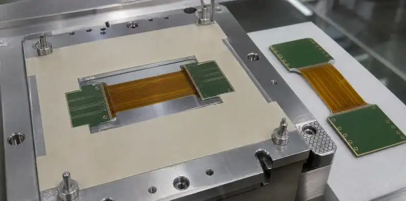 A lamination fixture aligns rigid-flex no-flow prepreg windows around the flex transition.