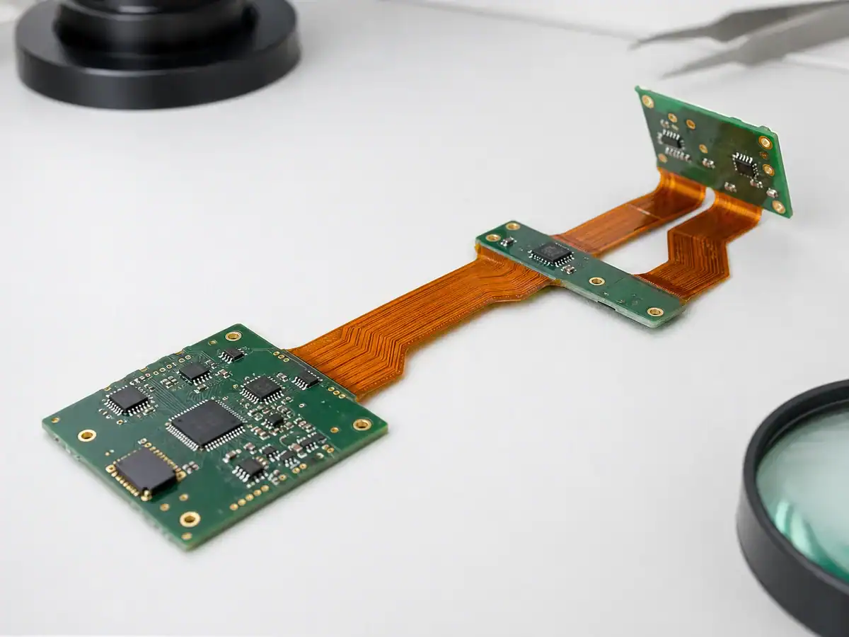 Rigid-flex PCB with FR-4 rigid sections and polyimide flexible interconnects