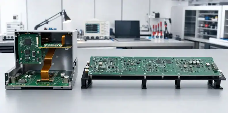 A folded rigid-flex circuit and a supported long board compare rigid-flex vs large rigid PCB architecture.