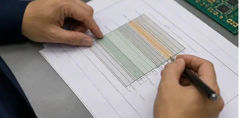 Engineer marking CAM approval boundaries for a Rogers FR4 hybrid PCB release package