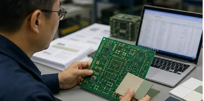Buyer comparing Rogers FR4 hybrid PCB cost drivers before approving a quote