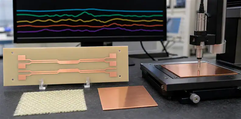 Glass and copper evidence supports a Rogers RO1200 PCB material loss model.
