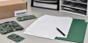 Rohs reach pcb documents review with compliance declarations and PCB shipment labels on a desk