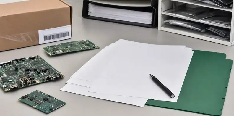 Rohs reach pcb documents review with compliance declarations and PCB shipment labels on a desk