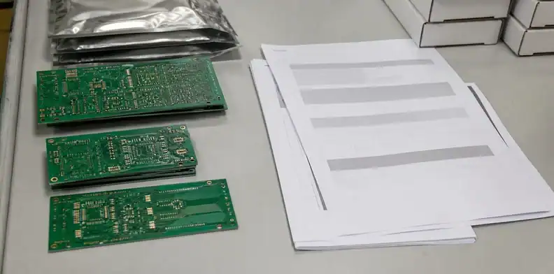 Rohs reach pcb documents package with declaration and lot record beside bare PCB samples