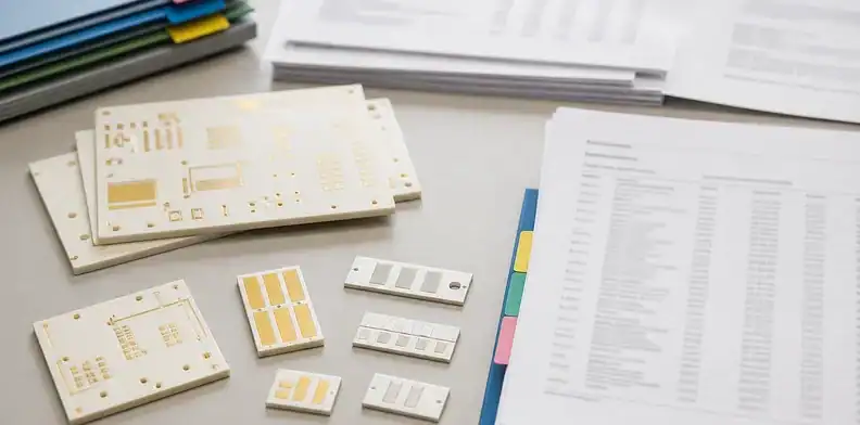 Ceramic samples, finish coupons, and BOM pages define ceramic pcb rohs reach compliance scope.