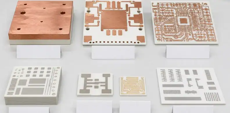 DBC, AMB, DPC, and LTCC samples compare ceramic pcb vs aluminum nitride substrate process terms.
