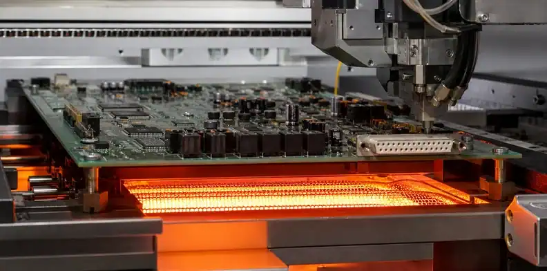 Full-board preheat and nozzle access stabilize large PCB selective soldering.