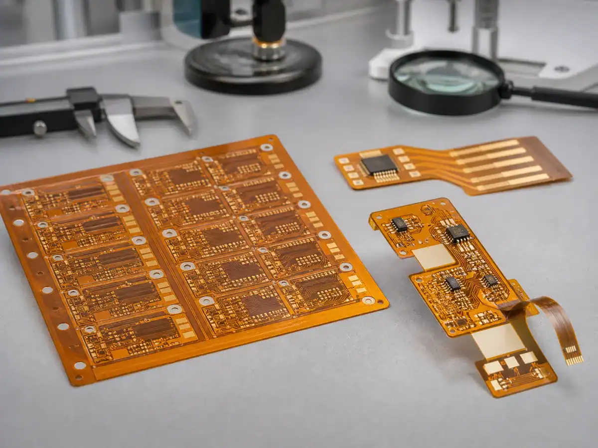 Single-sided and double-sided flexible PCB circuits on an engineering workbench