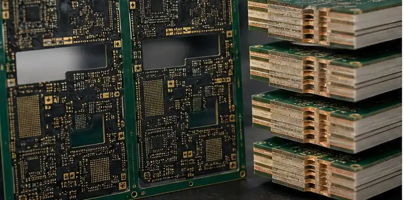 Dense SLP-style boards and lamination coupons show the process boundary near HDI manufacturing.