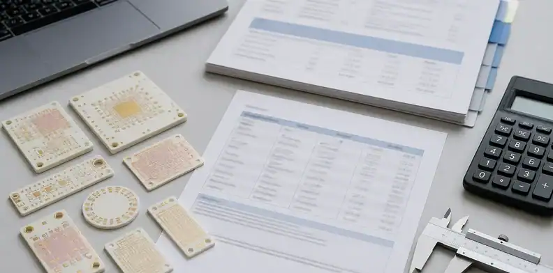 A small-batch sourcing desk compares ceramic pcb moq lead time cost with ceramic samples and quote sheets.