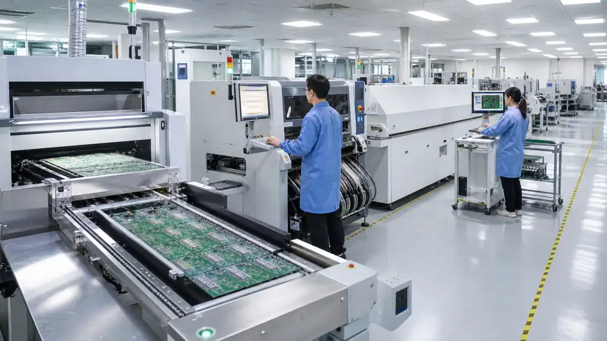 SMT assembly production line showing stencil printing pick-and-place reflow and AOI process control