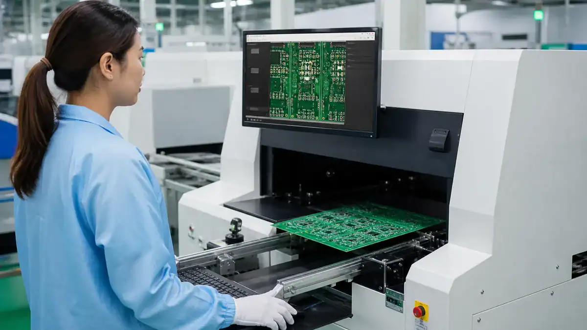 Automated optical inspection system scanning solder joints on a PCB assembly