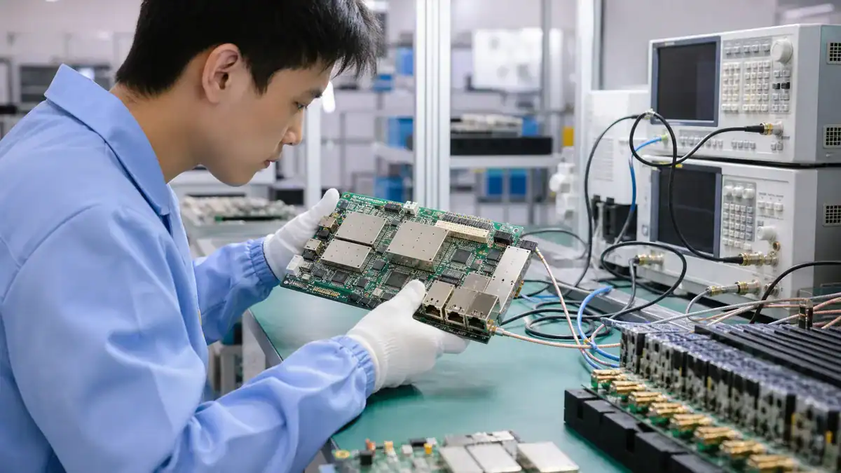 Communication equipment SMT PCBA with RF shields high speed connectors and test instruments