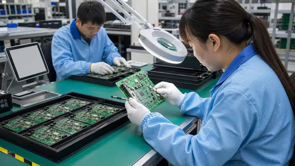 Final visual inspection of finished SMT PCB assemblies under magnification