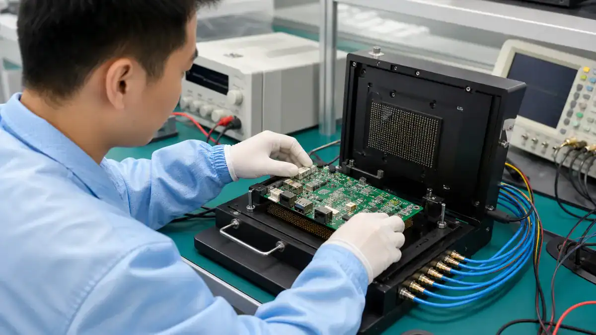 Functional test fixture with pogo pins verifying a completed PCB assembly