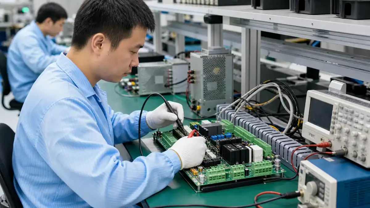 Industrial control SMT PCBA test bench with terminal blocks relays and ESD technician