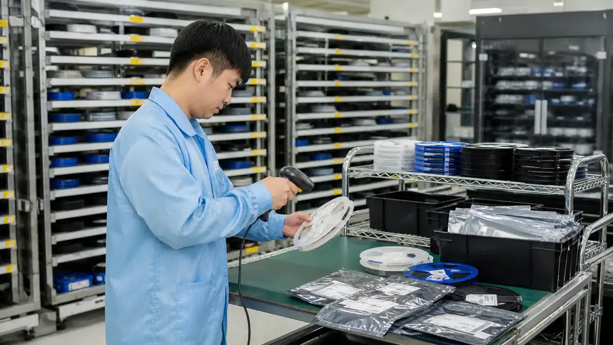 SMT material management with component reels moisture barrier bags and barcode kitting