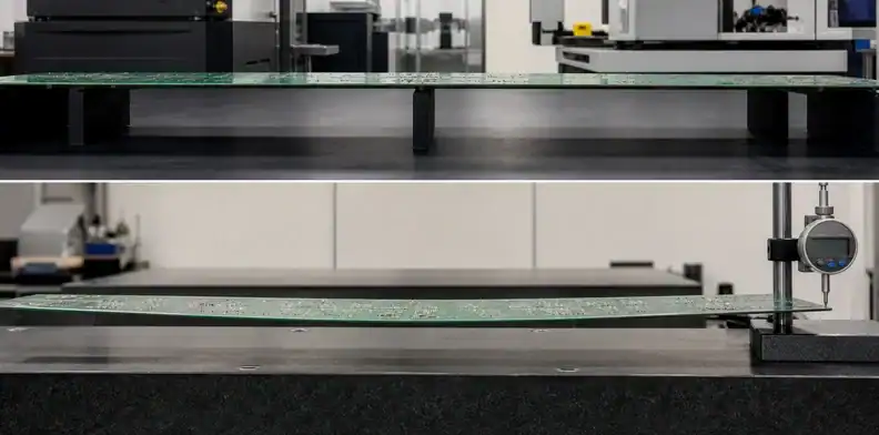 Supported span and board shape separate large PCB thickness stiffness from residual warpage.