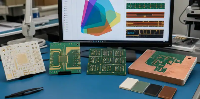 A specialty PCB review bench shows ai pcb specialty materials, copper samples, and fabrication notes before quote.