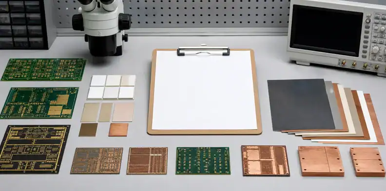 A lab bench compares ai pcb specialty limits across FR-4, ceramic, RF laminate, HDI, and heavy copper samples.