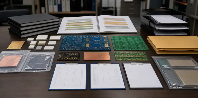 A specialty quote desk shows ai pcb specialty evidence with material samples, HDI coupons, and blank approval forms.