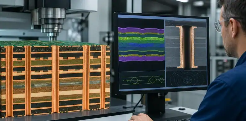 Stack-up and drilled-hole review show manufacturing effects of large PCB thickness.