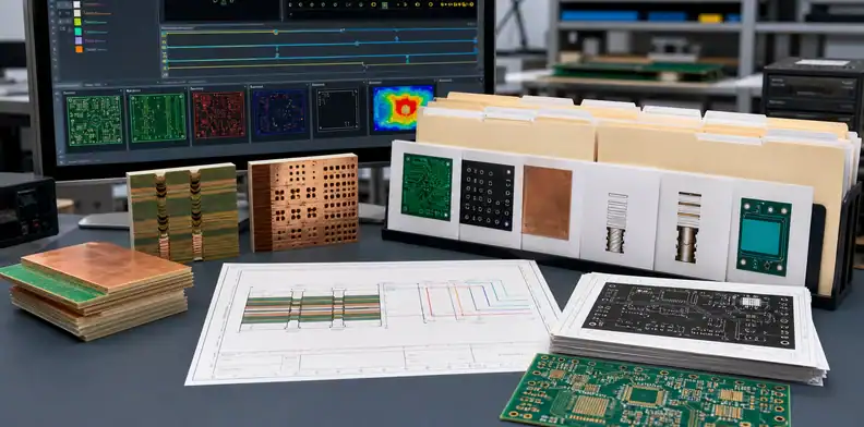A stackup file package and laminate samples show ai generated pcb fabrication files before release.