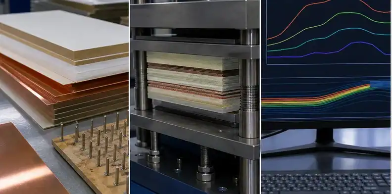 Layer materials and tooling pins show BT substrate lamination stack-up preparation.