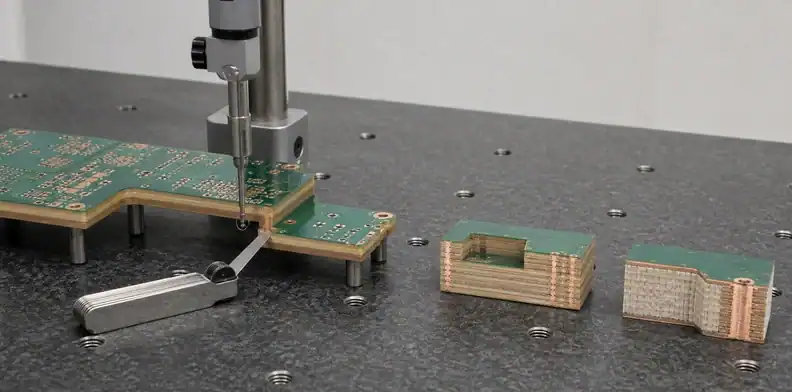 Metrology ties stepped-thickness PCB dimensions to mating datums, radius, and tooling access.