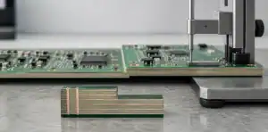 A height gauge measures stepped-thickness PCB zones beside a polished transition cross-section.