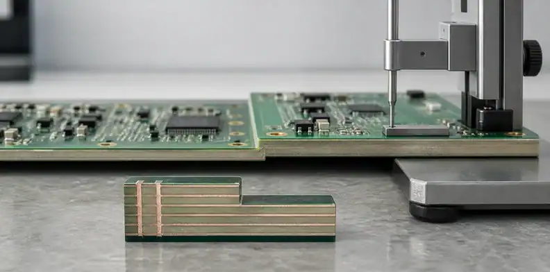 A height gauge measures stepped-thickness PCB zones beside a polished transition cross-section.
