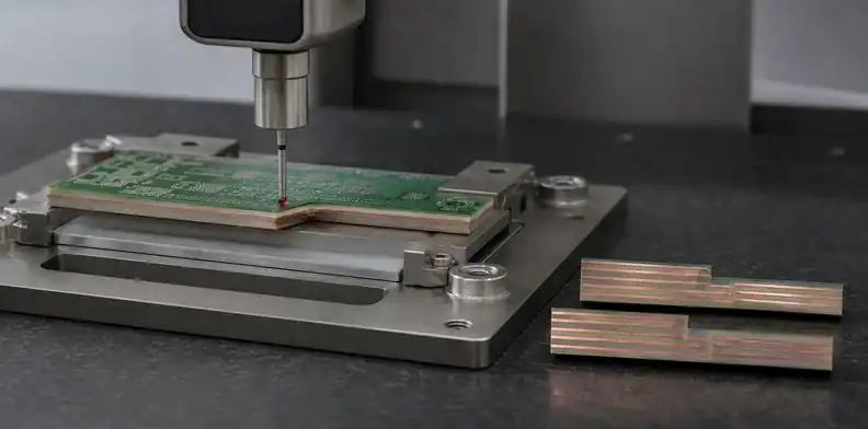 A mating fixture and revised sections verify stepped-thickness PCB fit and controlled changes.
