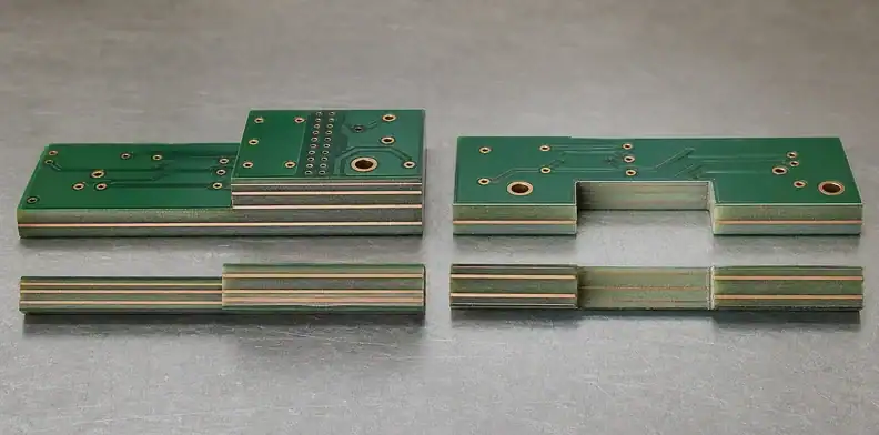 Two fabrication samples compare selective plies, a machined recess, and stepped-thickness PCB layer continuity.
