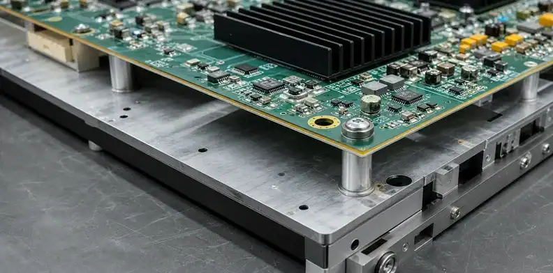 Component clearance and tool access remain open around the large PCB stiffener.