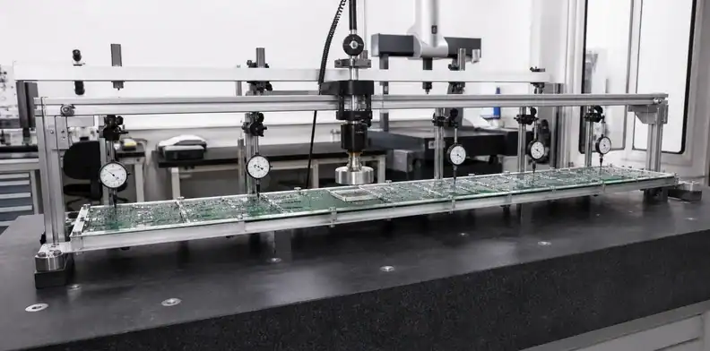 A first-article deflection check qualifies the large PCB stiffener under representative load.