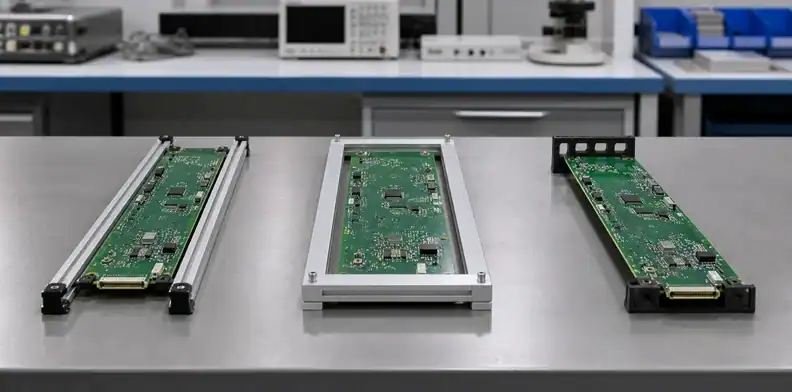 Rails, backing plates and local brackets offer different large PCB stiffener support patterns.